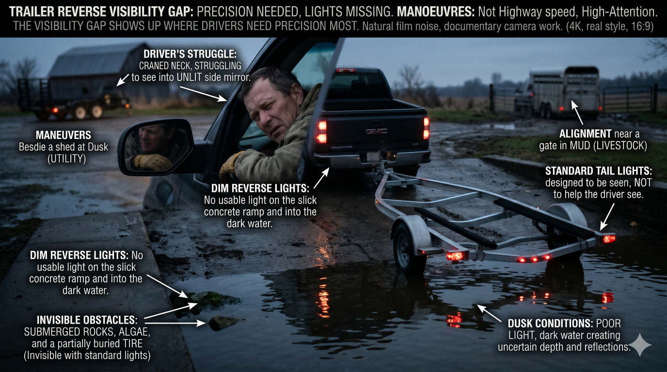 Boat trailer reversing at dusk with poor rear visibility, showing how standard signal lights do not illuminate obstacles during precision maneuvers